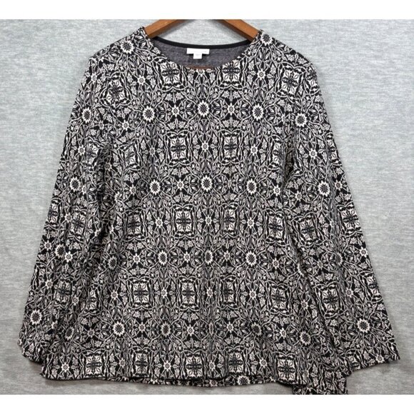 J Jill‎ Black White Floral Pattern Long Sleeve Top Sweater L 100% Cotton - Picture 1 of 5